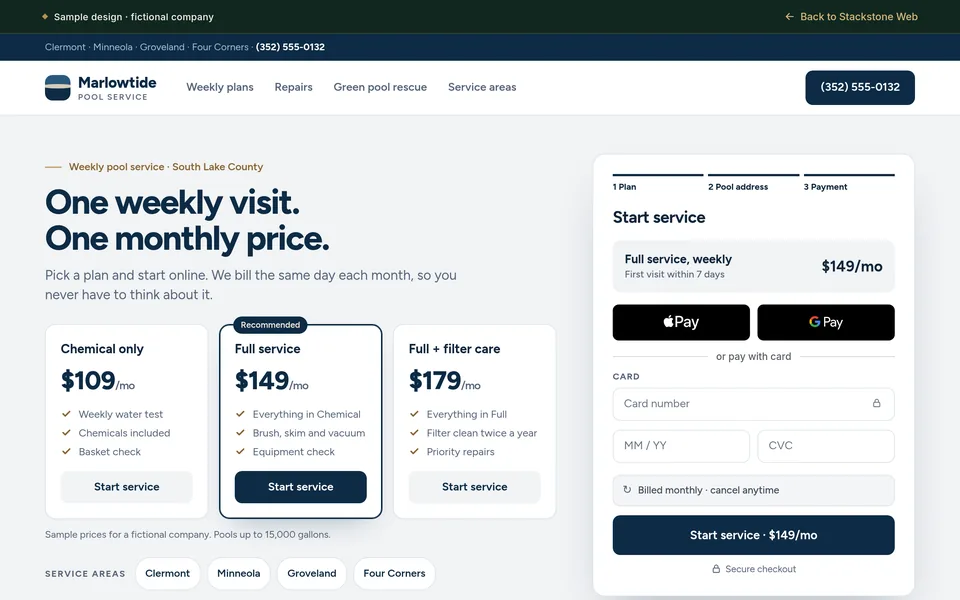 Screenshot of the sample homepage for Marlowtide Pool Service, a fictional company, on a desktop screen