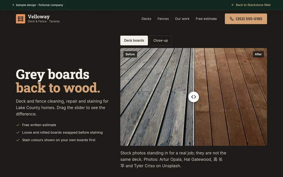 Screenshot of the sample homepage for Velloway Deck & Fence, a fictional company, on a desktop screen