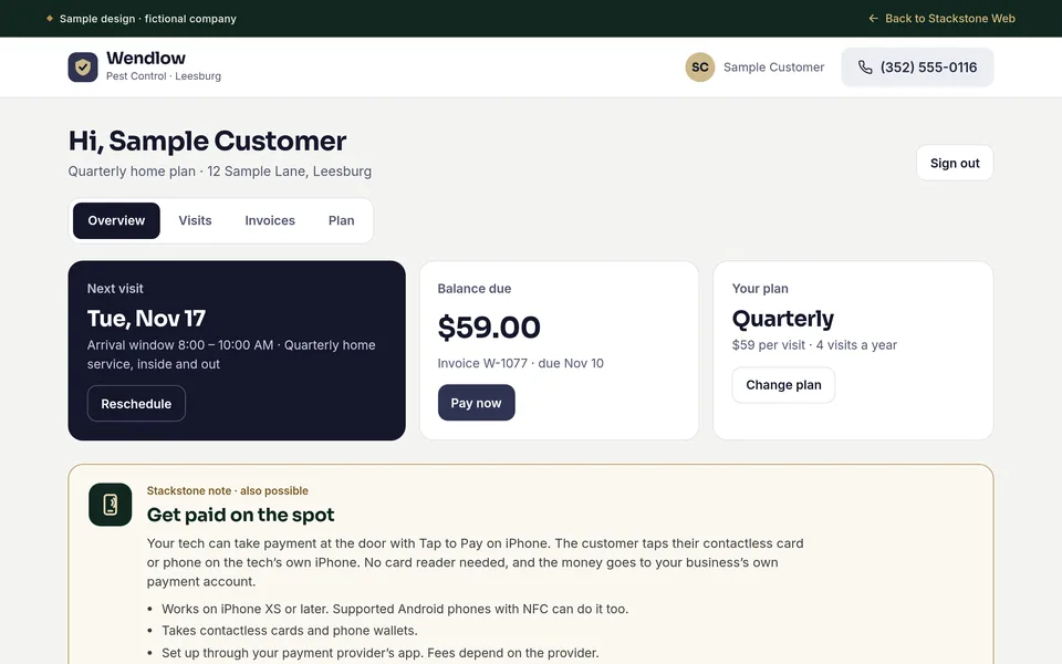 Screenshot of the sample homepage for Wendlow Pest Control, a fictional company, on a desktop screen
